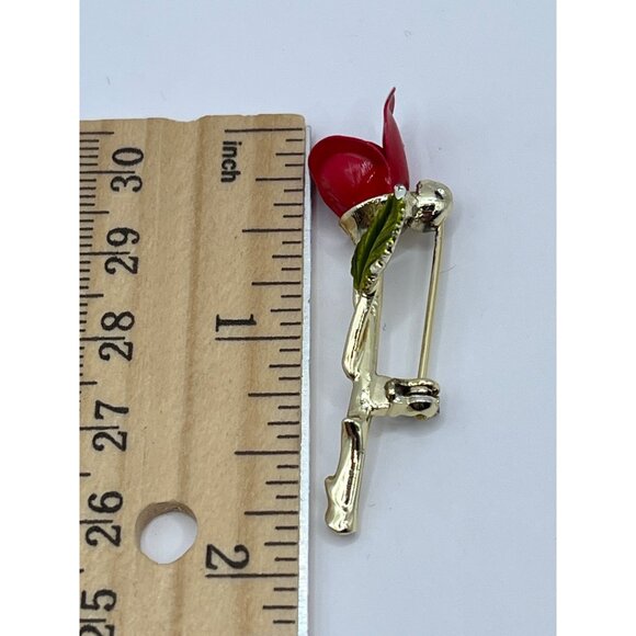 Vintage Enamel Red Rose Brooch Pin Gold Tone Stem & Leaf - Picture 4 of 4